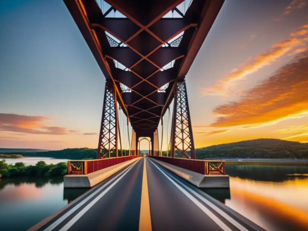 Imponente puente de acero en contraluz al atardecer, evocando grandeza