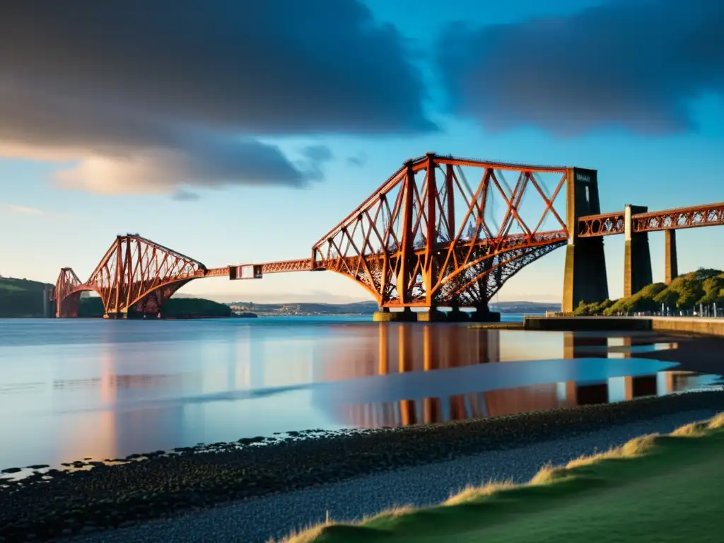 Imponente puente de acero en Escocia, destacando la ingeniería de Benjamín Baker y su impacto en puentes