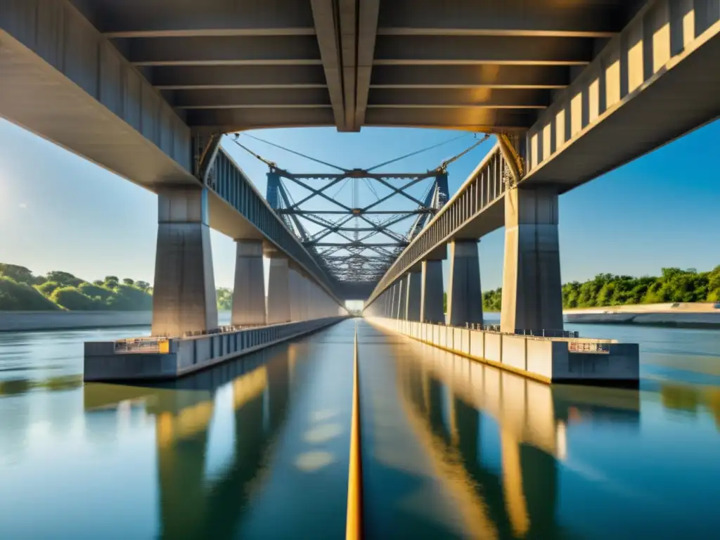 Imponente puente de acero sobre río con detalles nítidos, reflejos de sol y estructuras de soporte, evocando fuerza y resiliencia