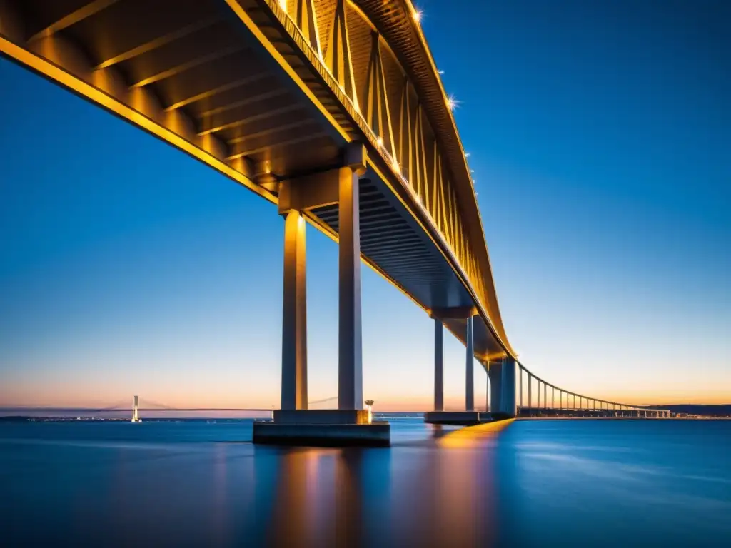 El imponente Puente Oresund en tecnología 3D se eleva sobre el agua al atardecer, resaltando su diseño moderno y elegante