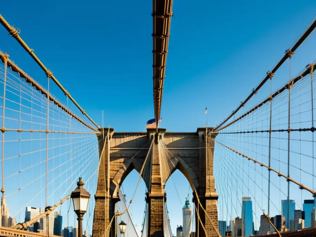 El imponente puente de Brooklyn en Nueva York, con sus arcos góticos y diseño de cables de acero, destaca en el horizonte urbano