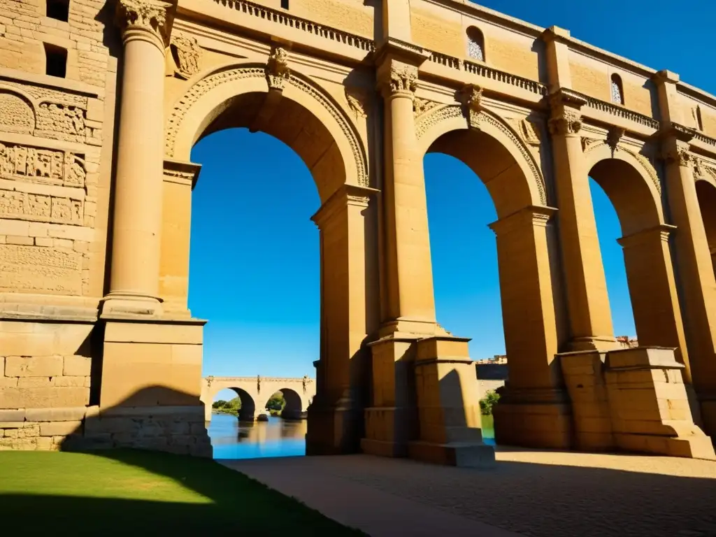 Imponente Puente de Alcántara: arcos romanos, detallados grabados y cálido sol resaltan su historia y arquitectura