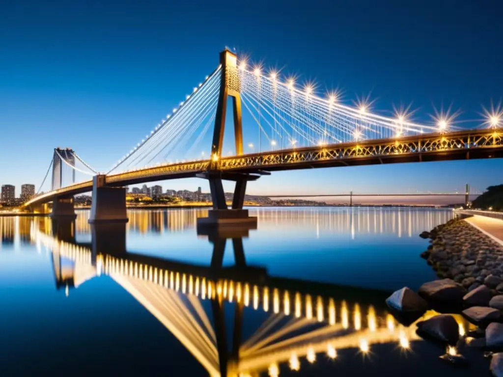 Imponente puente al atardecer con luces de la ciudad reflejadas en el agua, resaltando su diseño y detalle