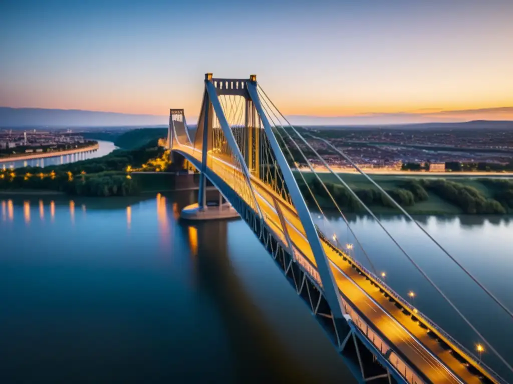 Imponente puente bañado por la cálida luz del atardecer sobre un río, rodeado de exuberante vegetación y barcos