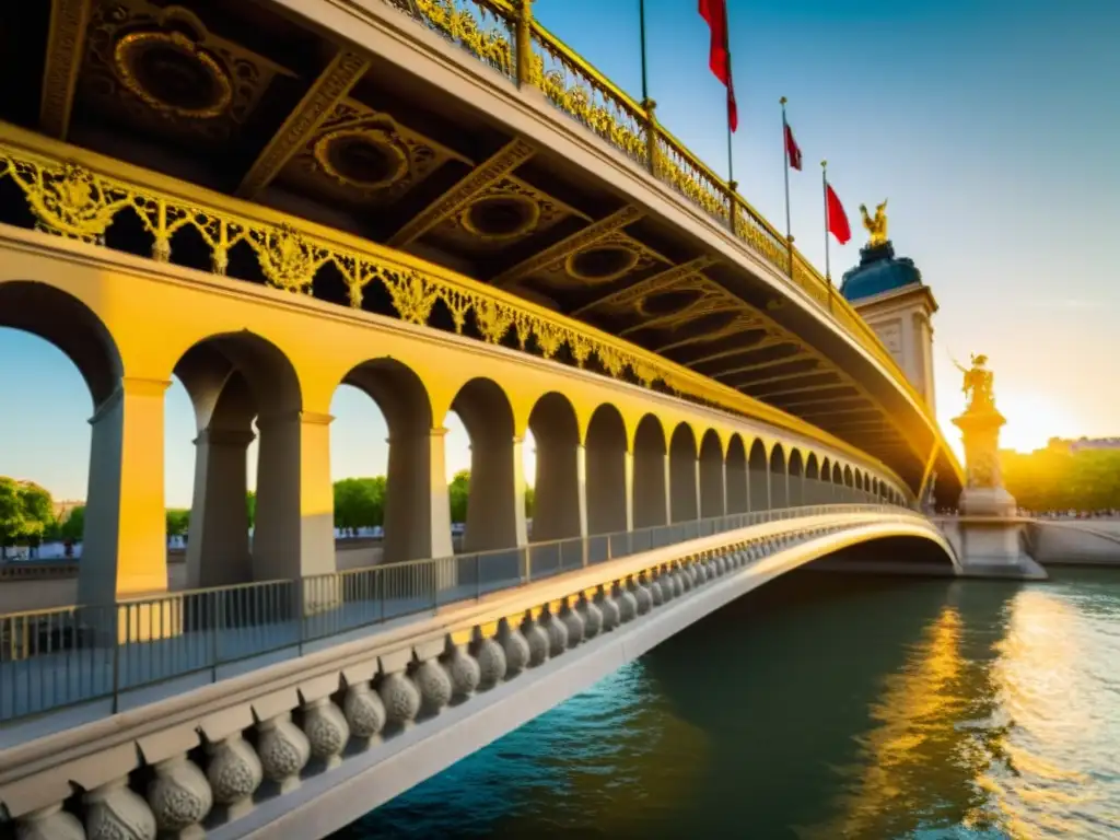 Imponente Puente Alejandro III en París, bañado por la cálida luz del atardecer sobre el río Sena, evocando su historia y belleza histórica