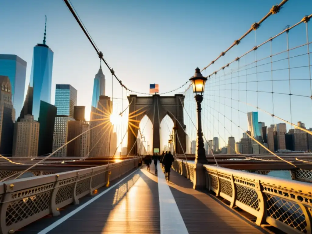 Imponente Puente de Brooklyn con su arquitectura gótica y actividad urbana, bañado por la luz dorada de la tarde en Nueva York