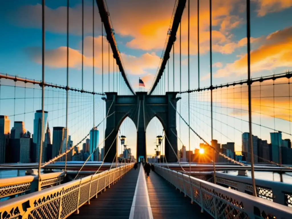 El imponente puente de Brooklyn al atardecer, reflejando la vibrante ciudad de Nueva York