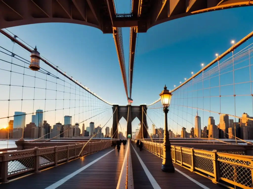 Imponente puente de Brooklyn al anochecer, con sus cables y arcos de acero