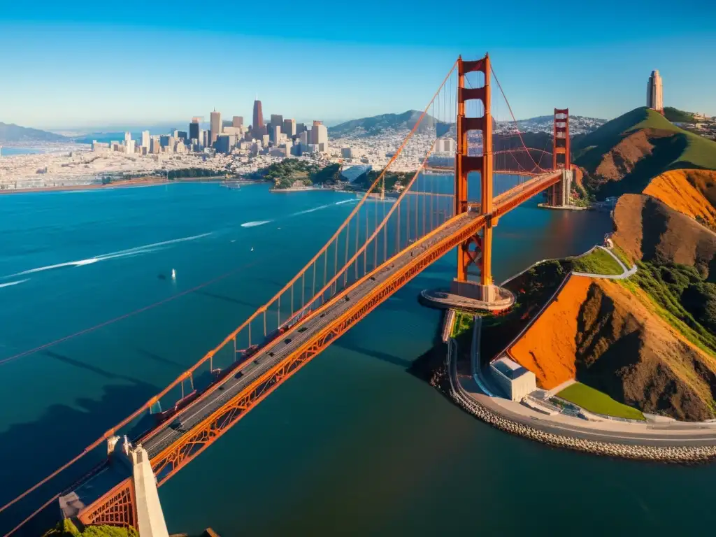 Imponente puente Golden Gate en San Francisco, con cables rojo anaranjados y la ciudad de fondo