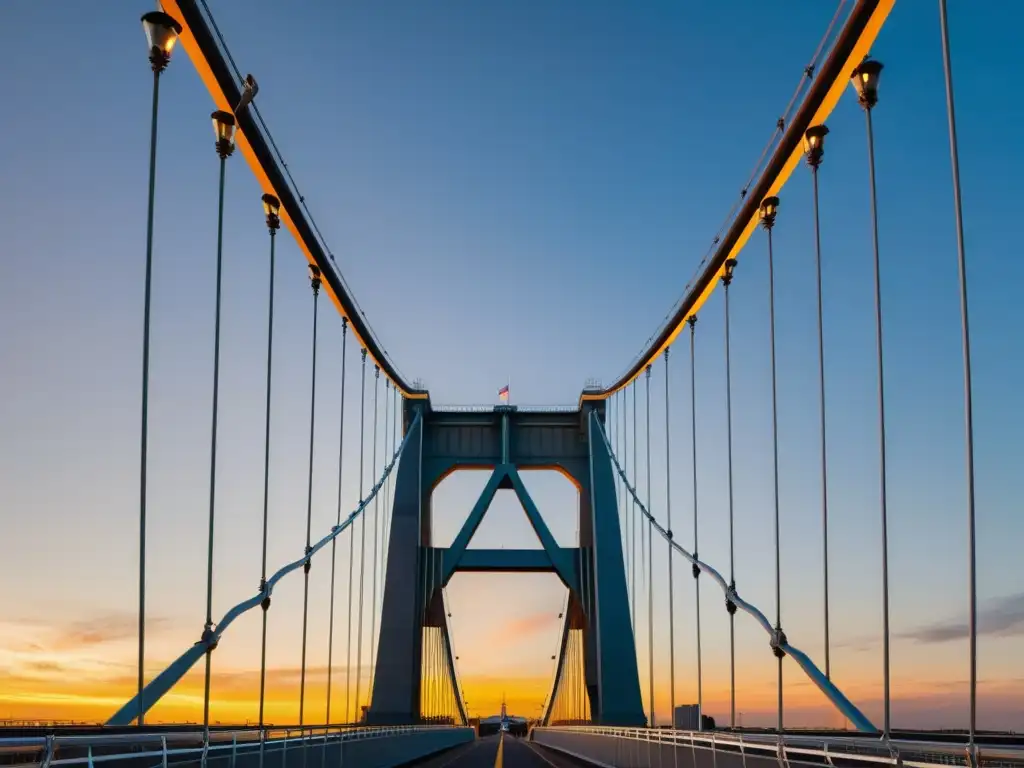 Imponente puente colgante con cables de acero, torres majestuosas y curva elegante, destacando contra el atardecer