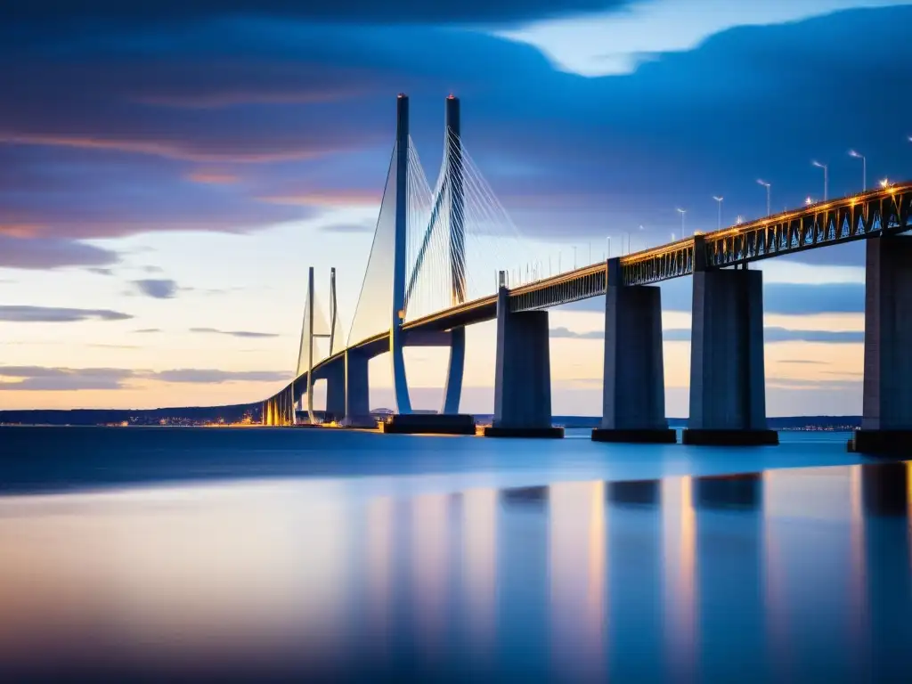 El imponente Puente de Oresund, con su diseño moderno, se destaca contra el cielo dramático y su reflejo en las tranquilas aguas al atardecer