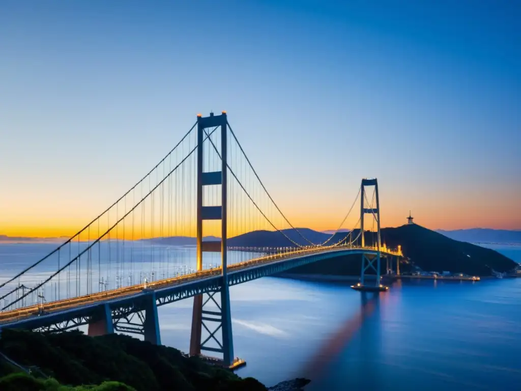 El imponente Puente Akashi Kaikyo destaca sobre el estrecho, bañado por la cálida luz del atardecer