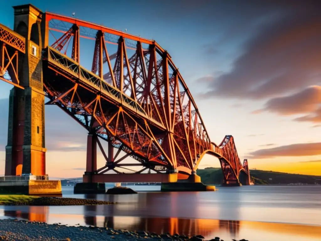 Imponente puente de Forth en Escocia, con estructura de acero y atardecer dramático