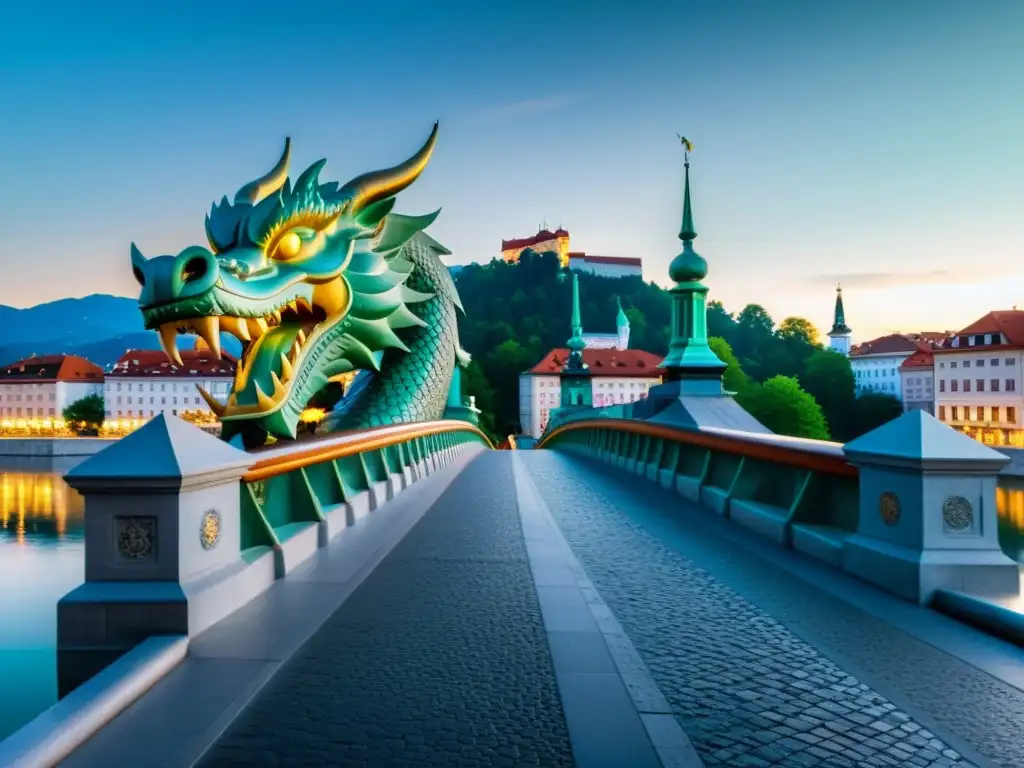 Imponente Puente del Dragón en Ljubljana, Eslovenia, capturando su historia y grandiosidad en detalle