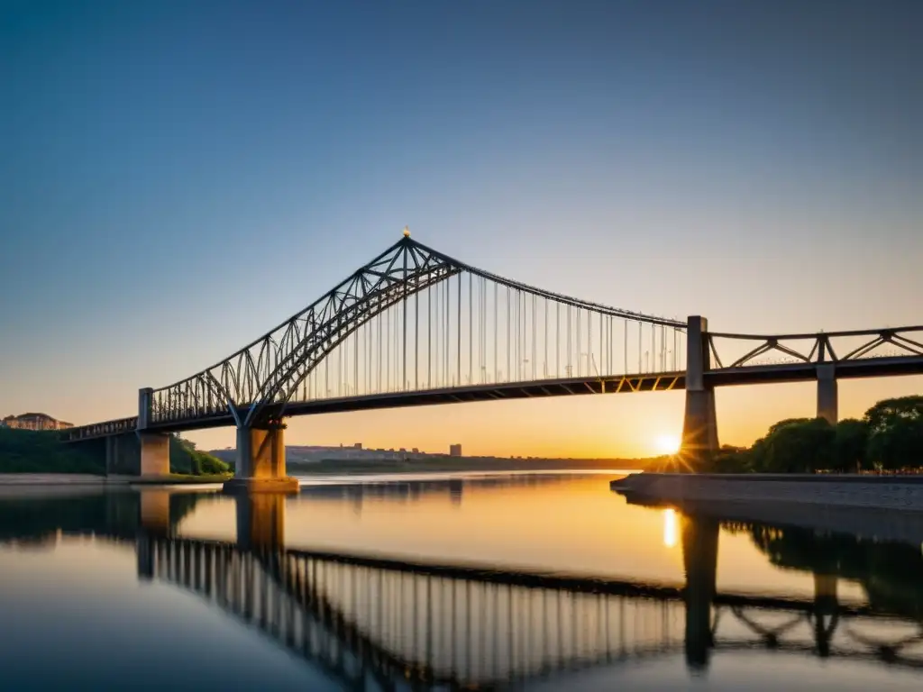 Imponente puente en la hora dorada, reflejado en el río, muestra técnicas avanzadas fotografía puentes icónicos