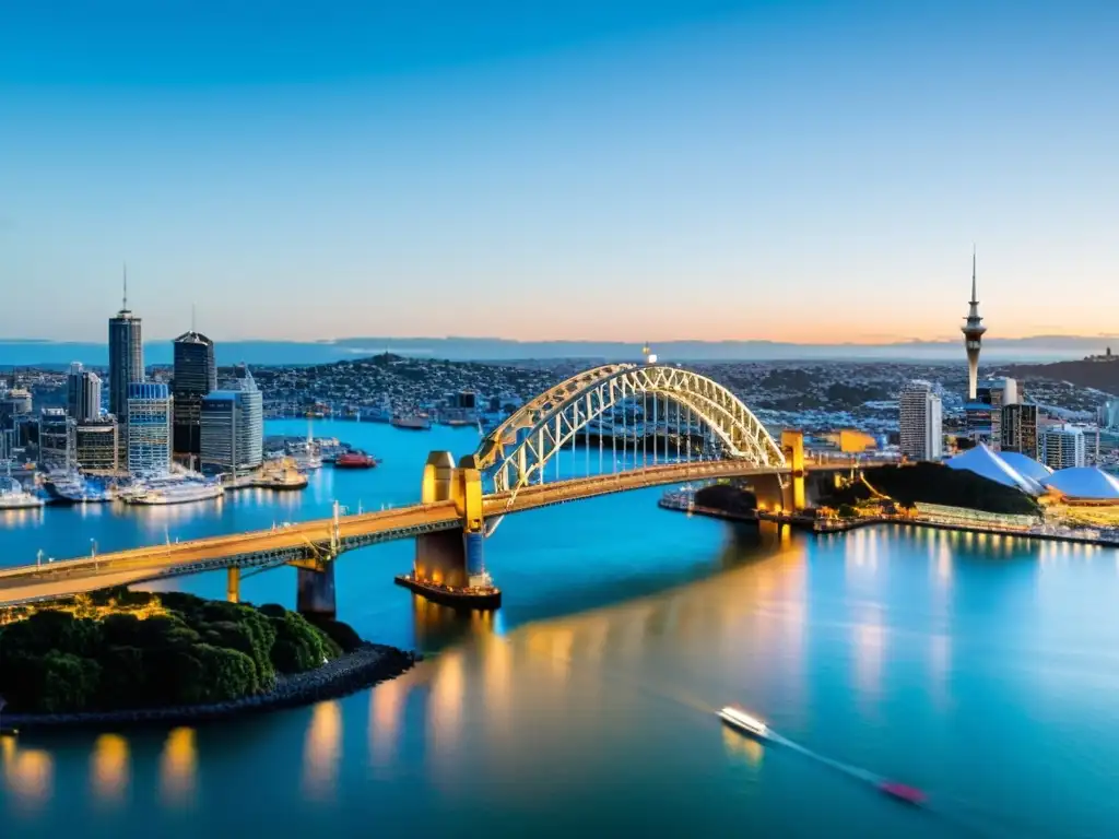 El imponente Puente de Auckland destaca en el horizonte urbano al atardecer, simbolizando su historia y arquitectura icónica