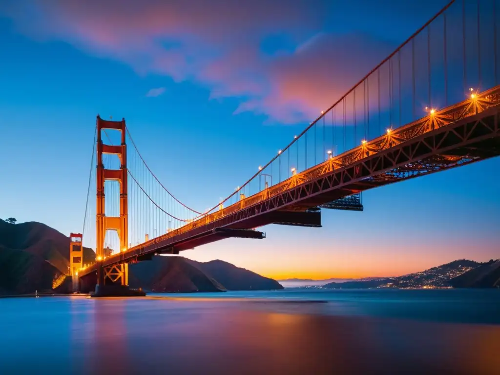 Imponente puente icónico de San Francisco durante un atardecer dramático, reflejando resistencia y arquitectura histórica