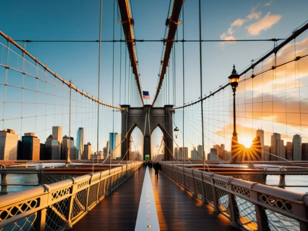 Imponente puente icónico de Brooklyn al atardecer, con detalles arquitectónicos impresionantes y estructura majestuosa