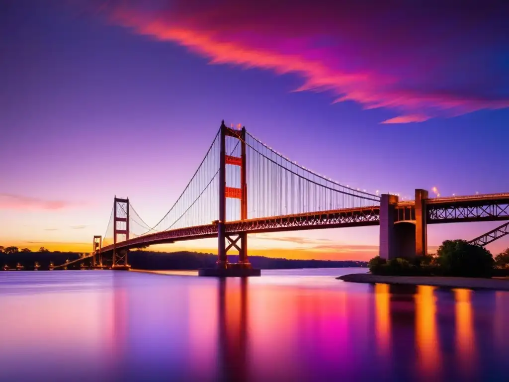 Imponente puente icónico capturado con técnicas avanzadas de fotografía, destacando su grandiosidad y atmósfera épica al atardecer