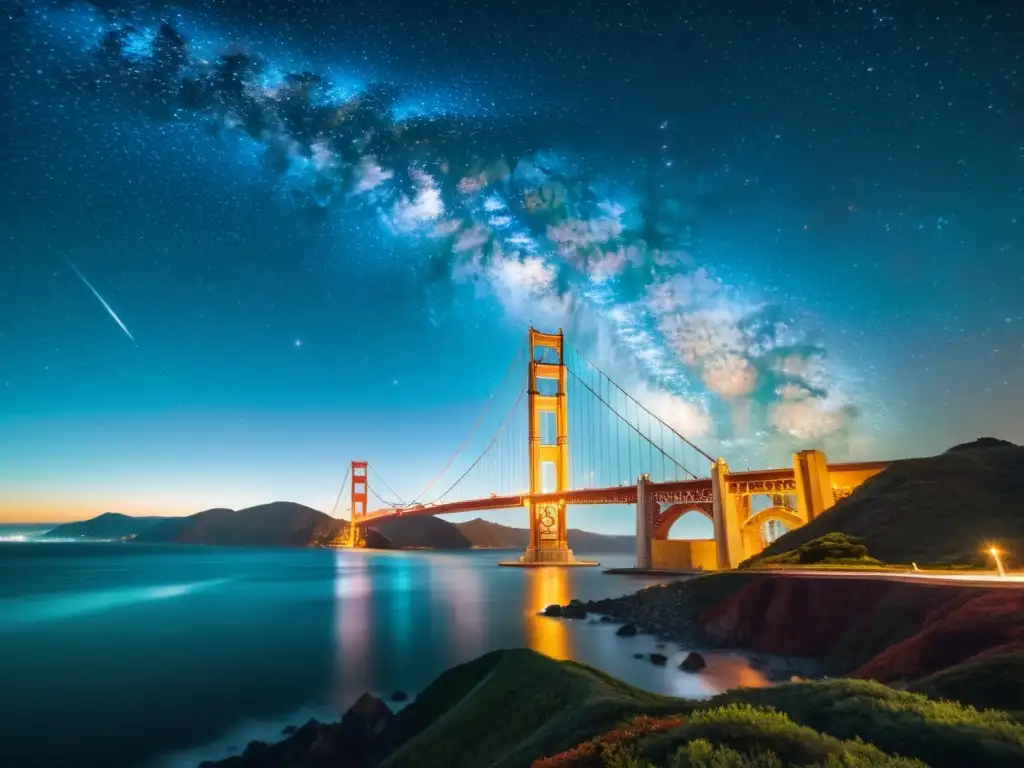 Imponente puente Golden Gate iluminado por estrellas, uno de los mejores puentes para observar estrellas, con la Vía Láctea arqueándose sobre él