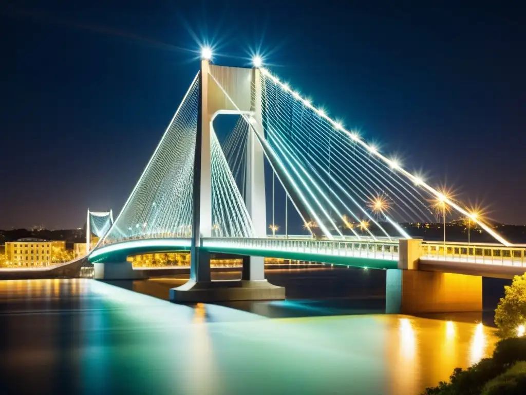 Imponente puente iluminado de noche con luces LED resaltando su arquitectura, reflejándose en el agua