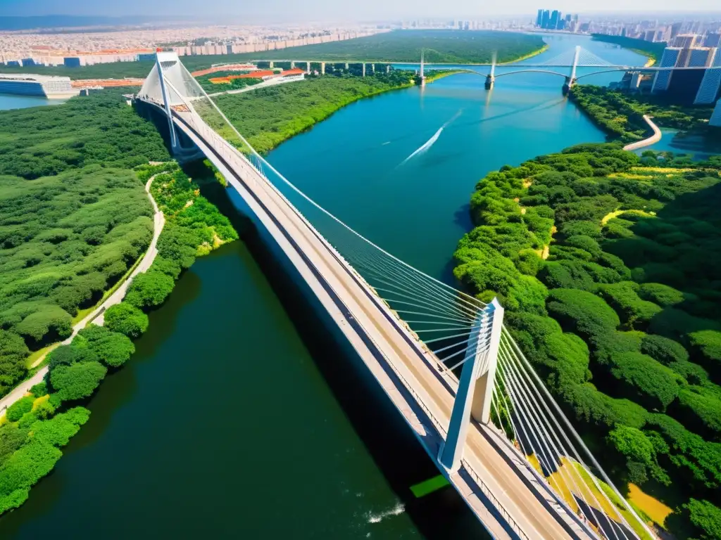 Visualización 3D del imponente Puente de la Libertad desde ángulo único, resaltando detalles arquitectónicos y entorno natural