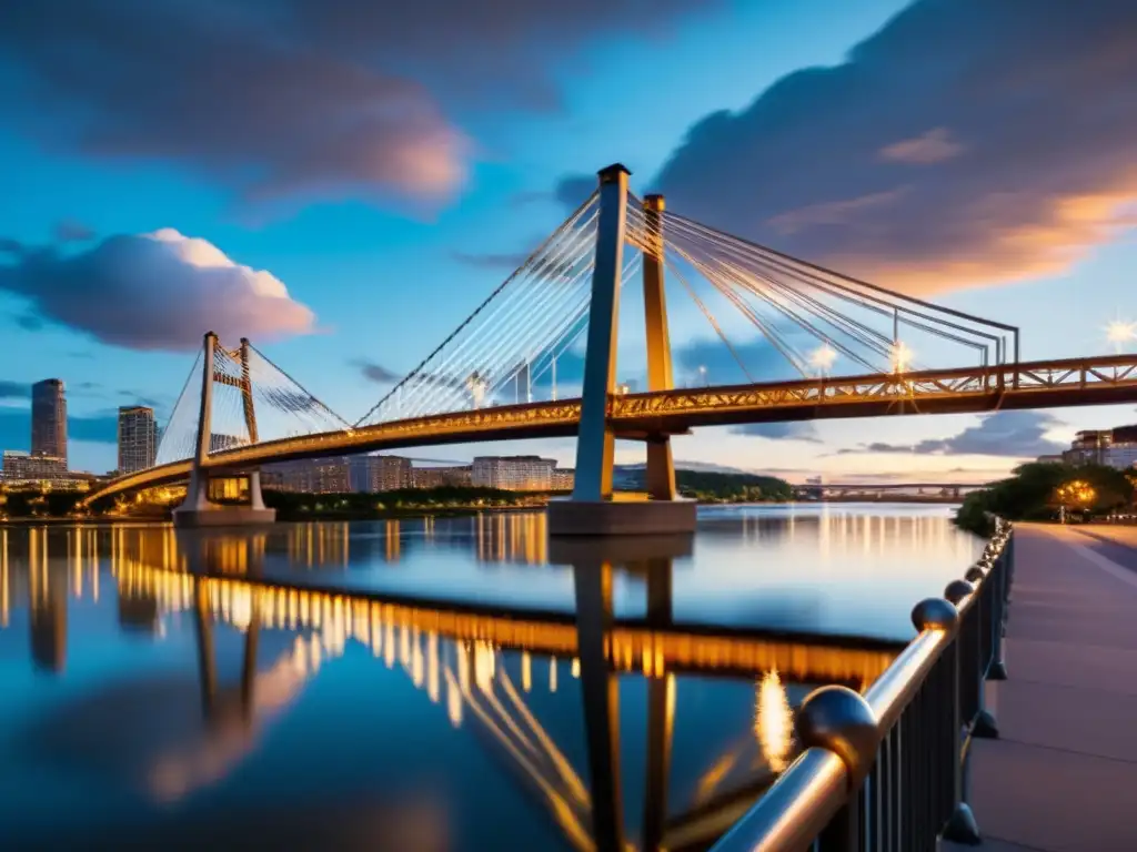 Imponente puente al anochecer con luces de la ciudad reflejadas en el río