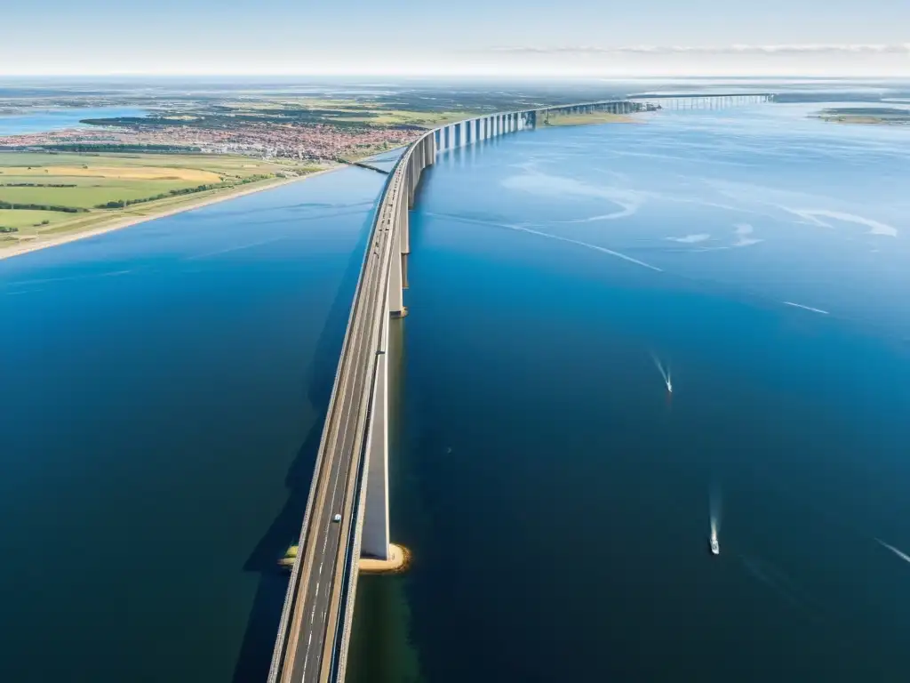 El imponente Puente de Øresund conecta Dinamarca y Suecia, mostrando su majestuosa estructura de acero sobre aguas relucientes y un cielo azul claro