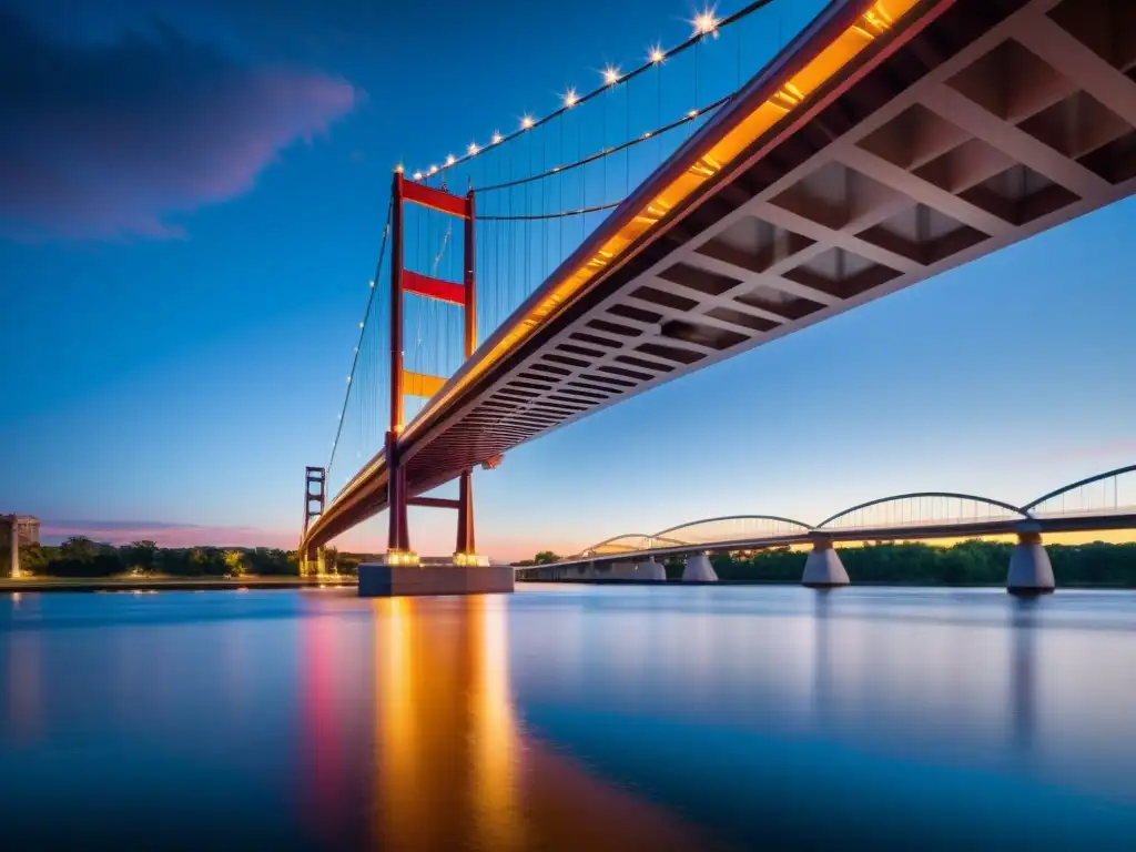 Imponente puente moderno capturado desde abajo, resaltando su arquitectura y juego de luces y sombras sobre un río sereno al atardecer