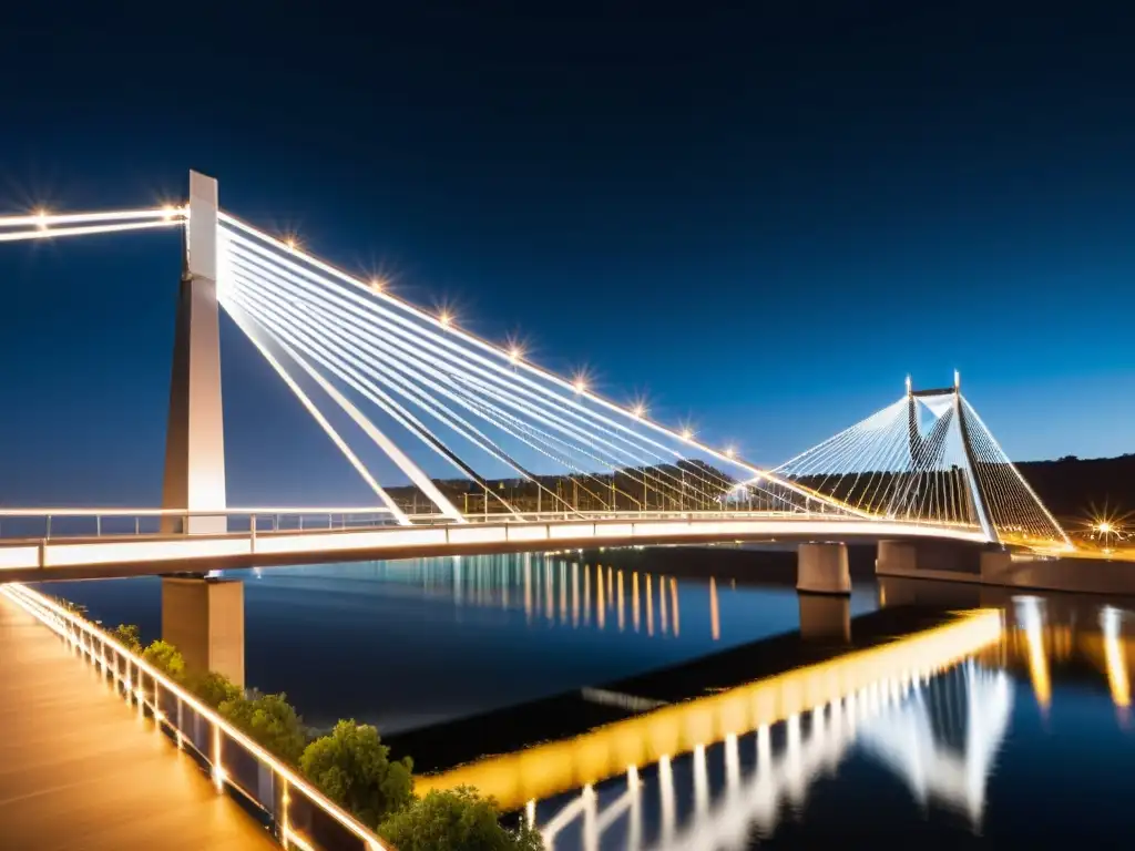 Imponente puente moderno iluminado de noche, reflejándose en el agua