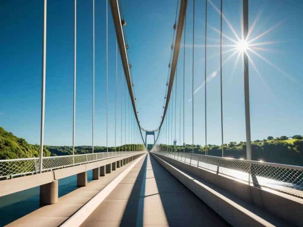 Imponente puente moderno con reflejo de luz solar, redes de cables y diseño contemporáneo