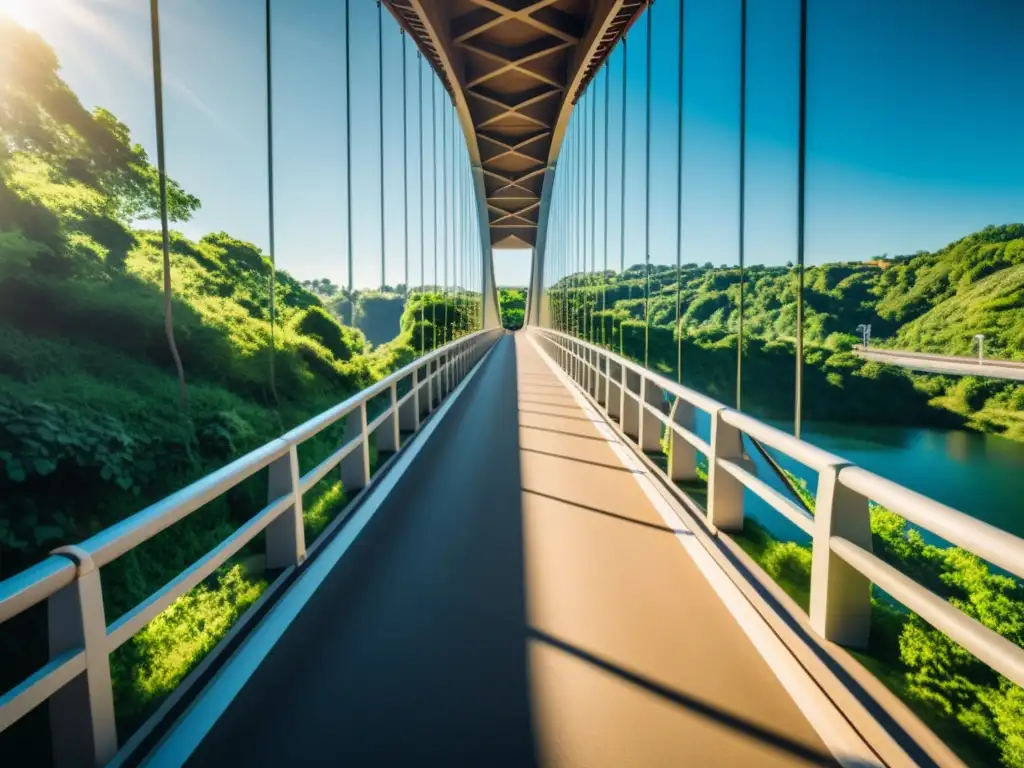 Imponente puente moderno rodeado de exuberante vegetación, con juego de luces y sombras