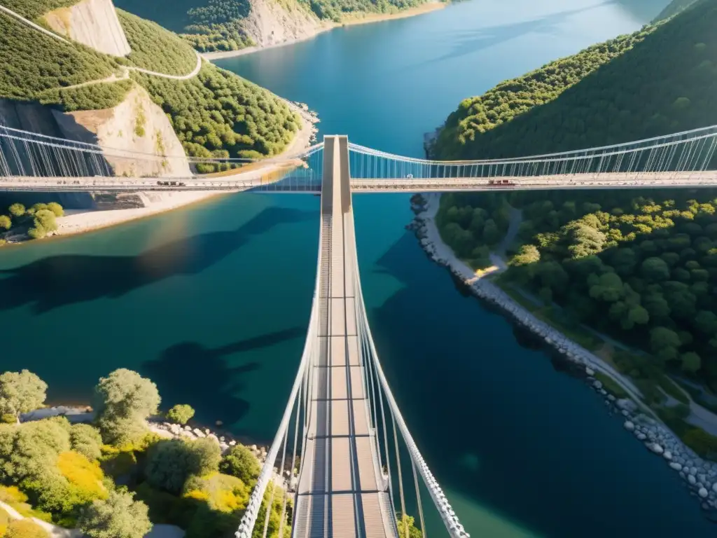 Imponente puente moderno visto desde abajo, con cables de acero y paisaje natural