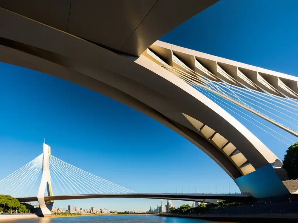 Imponente Puente de la Mujer en Buenos Aires, Argentina, destacando su diseño moderno e icónico y la interacción de luz y sombra