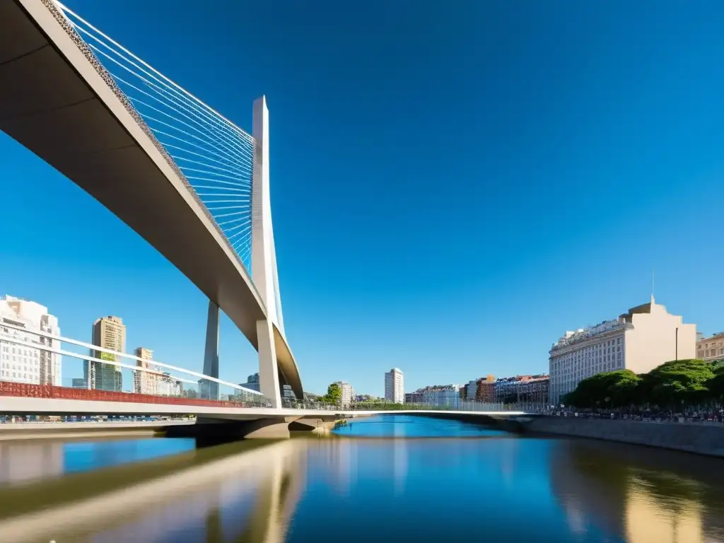 El imponente Puente de la Mujer en Buenos Aires, reflejado en el agua de Puerto Madero, captura la esencia de esta maravilla arquitectónica