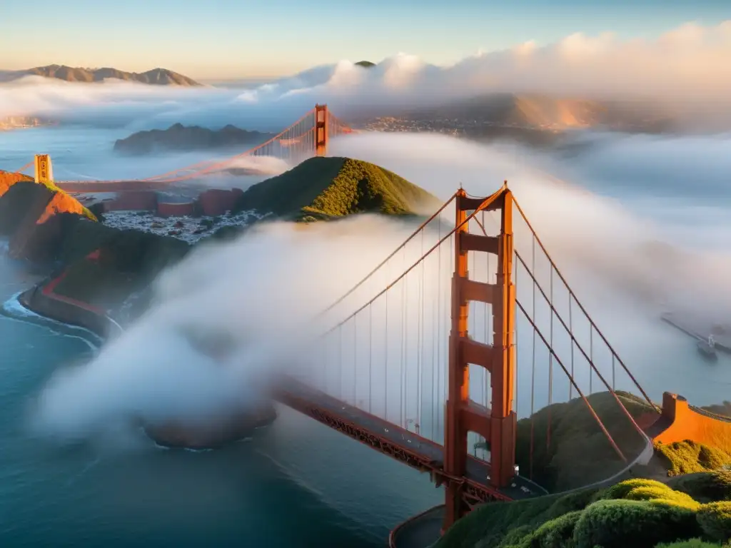 El imponente Puente Golden Gate emerge entre la neblina de San Francisco, mostrando su arquitectura detallada y su icónico color naranja