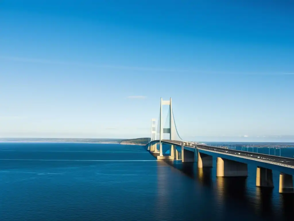 El imponente Puente de Øresund une dos países, con diseño moderno y reflejos de luz sobre las aguas azules