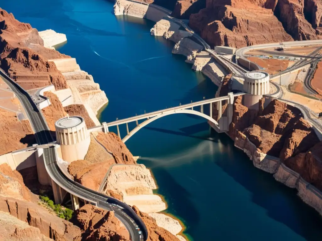 Imponente puente de la Presa Hoover cortando el desierto, con el río Colorado y terreno rocoso de fondo, historia de ingeniería