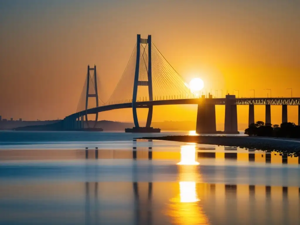 El imponente Puente Suramadu en Indonesia simboliza el progreso y la conexión, con un atardecer brillante sobre el agua