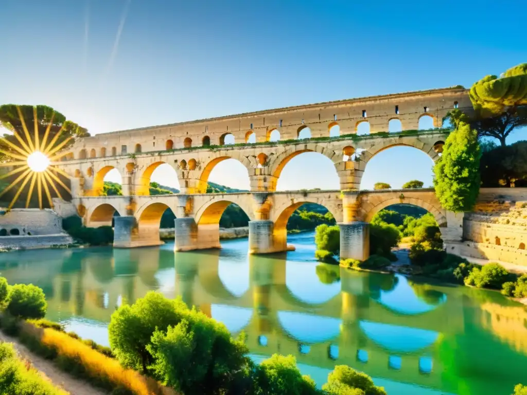 El imponente Puente del Gard en la puesta de sol, reflejando su grandiosidad en el río