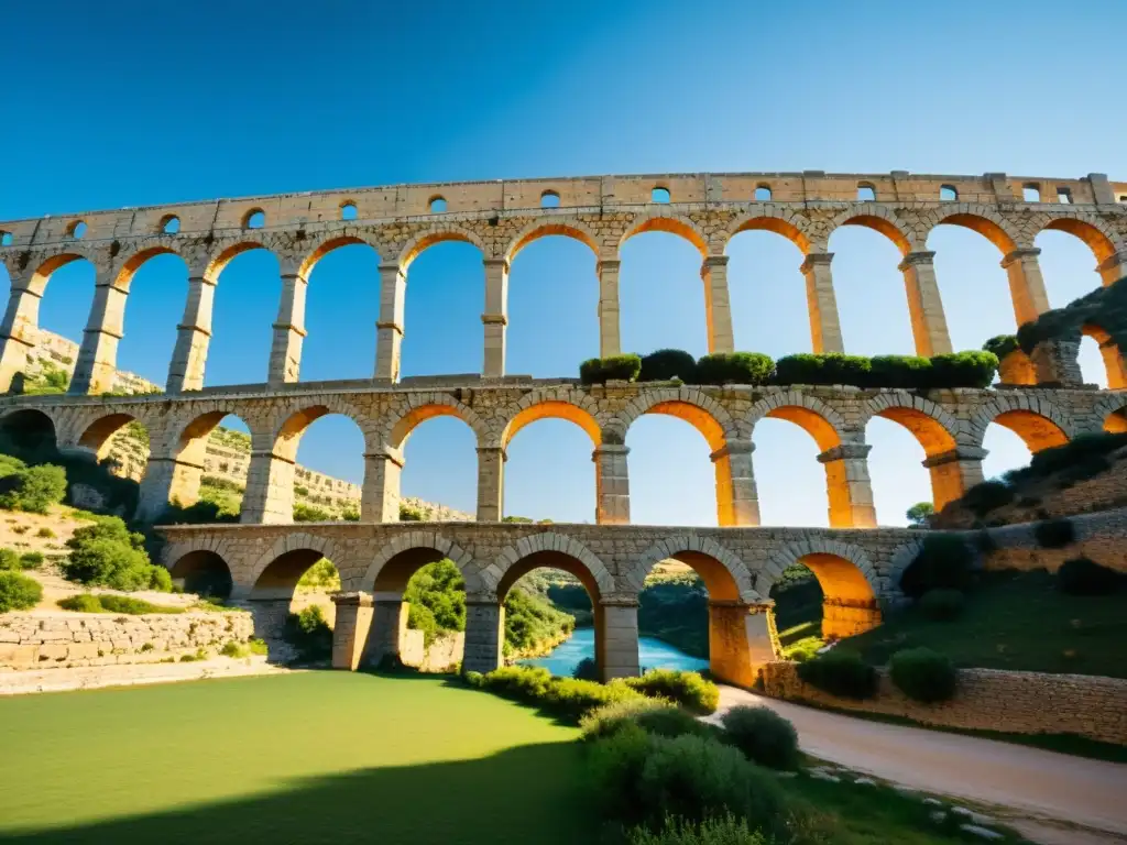 Imponente Puente del Gard en realidad aumentada, resaltando sus detalles arquitectónicos en un entorno natural cautivador