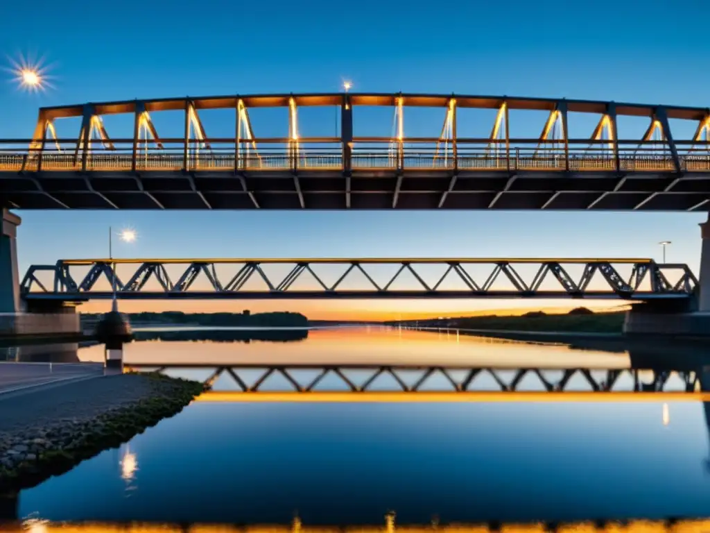 Imponente puente al anochecer sobre río, resaltando detalles arquitectónicos