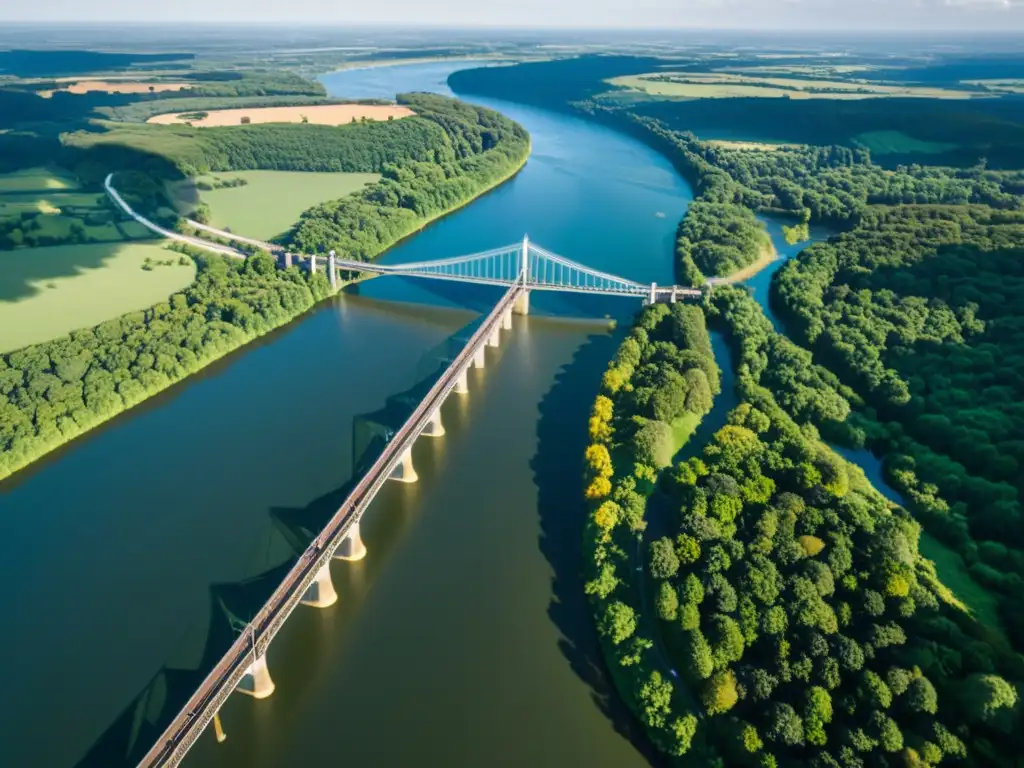 Imponente puente cruzando un río, con impacto cultural e interrupción de ecosistemas, en armonía con la naturaleza