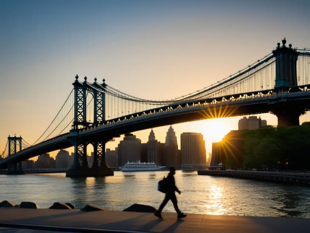 El imponente puente de Manhattan se alza sobre el río East, destacando su impacto cultural en el icónico skyline de Nueva York al atardecer