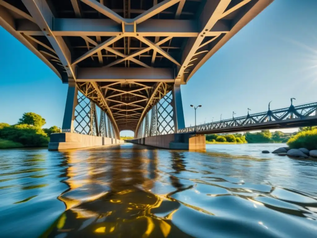 Imponente puente sobre río sereno capturado en 8k, con luz solar reflejándose en su estructura metálica