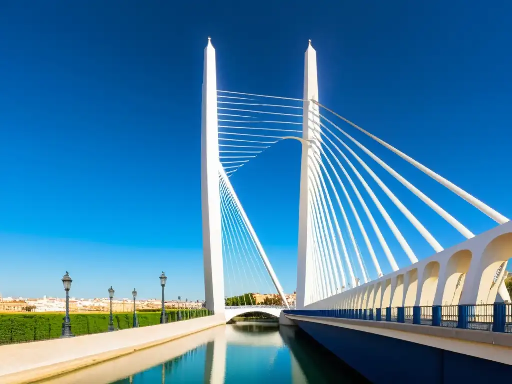 El imponente Puente del Alamillo en Sevilla, reflejándose en el río Guadalquivir