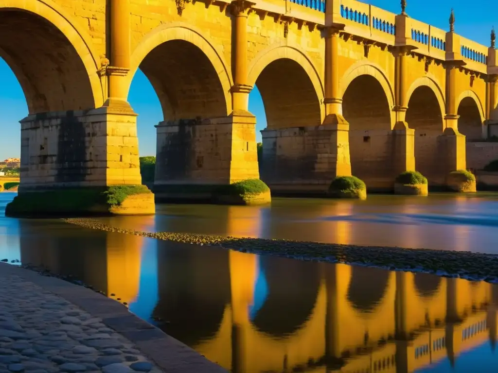 Imponente puente romano de Córdoba al atardecer, reflejado en el río Guadalquivir