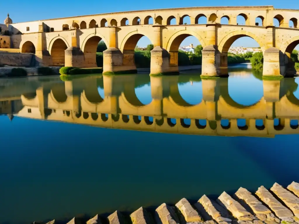 Imponente puente romano en Córdoba, bañado por el cálido sol, destaca su historia y grandiosidad con arcos y piedra detallada