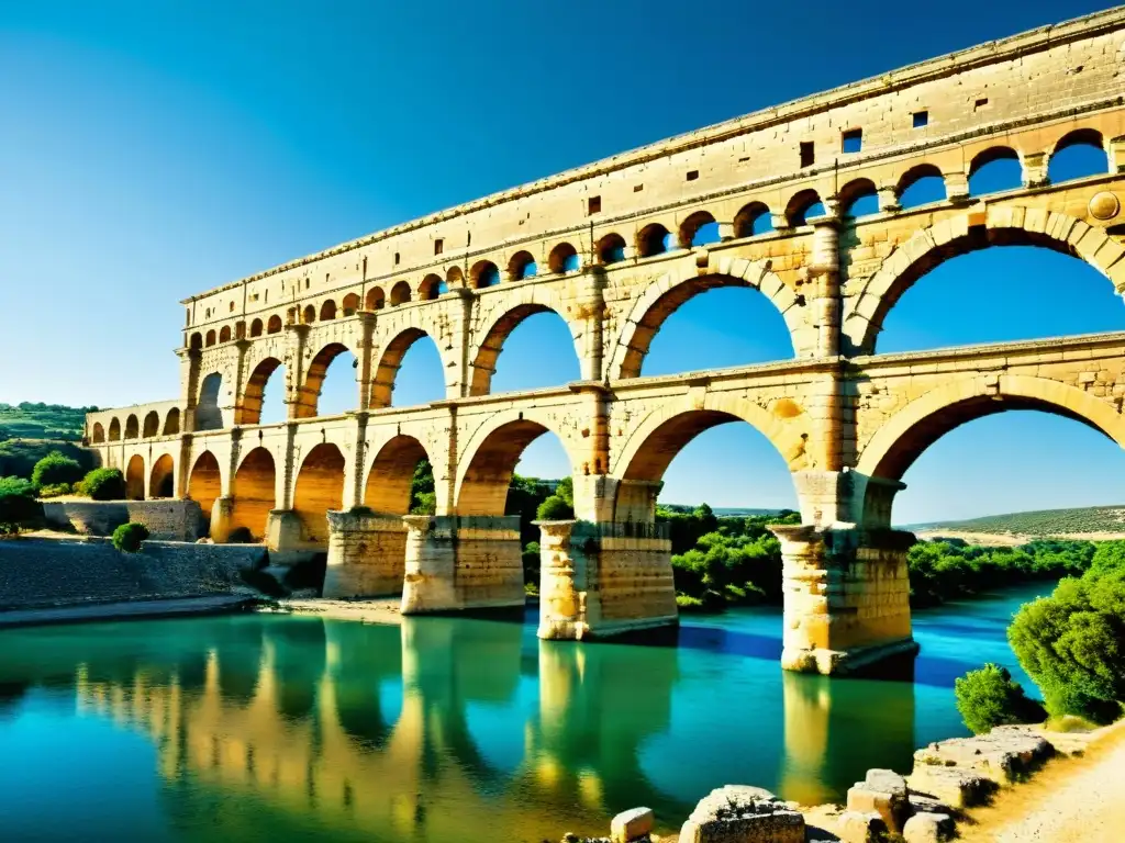 Imponente puente romano en Francia, bañado por cálida luz solar, destaca por su historia y belleza arquitectónica