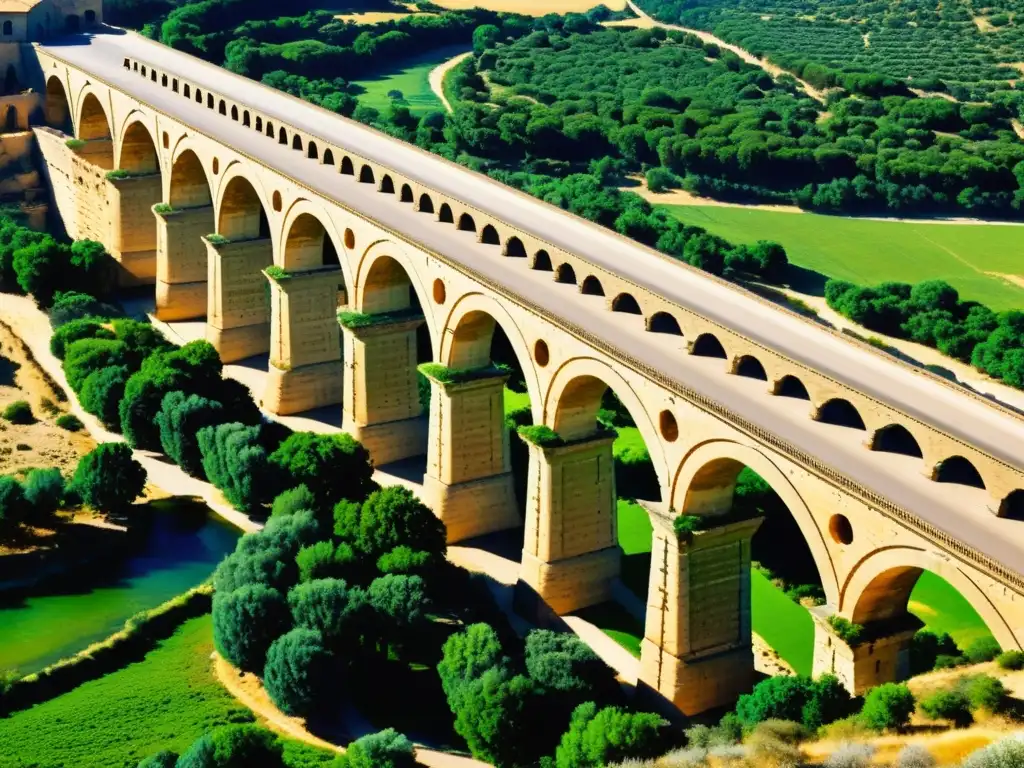 Imponente puente romano, Pont du Gard, en un paisaje verde, con sombras dramáticas